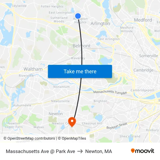 Massachusetts Ave @ Park Ave to Newton, MA map