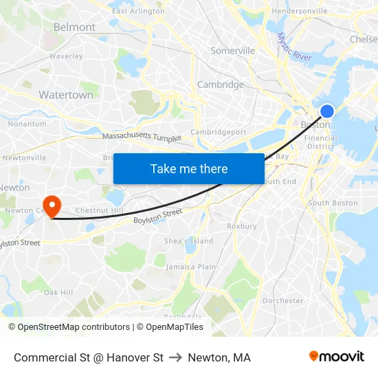 Commercial St @ Hanover St to Newton, MA map