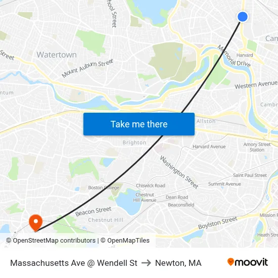 Massachusetts Ave @ Wendell St to Newton, MA map