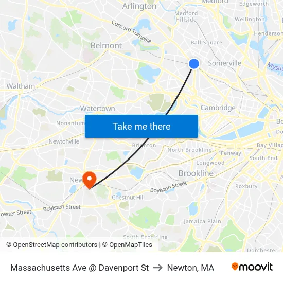 Massachusetts Ave @ Davenport St to Newton, MA map