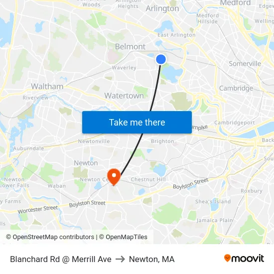 Blanchard Rd @ Merrill Ave to Newton, MA map