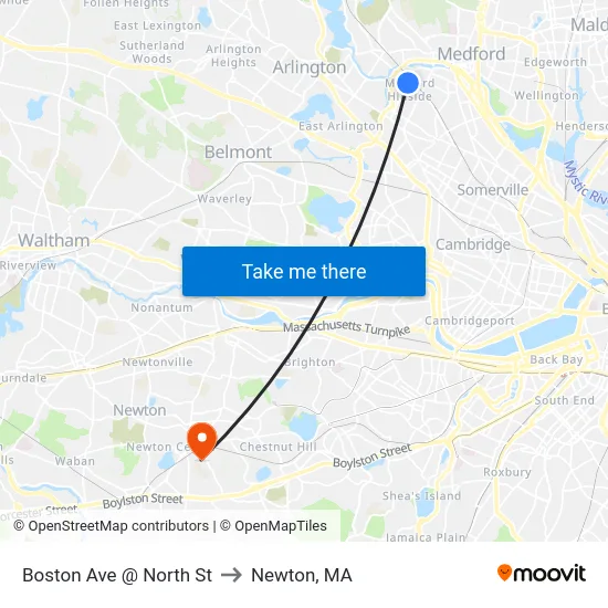 Boston Ave @ North St to Newton, MA map