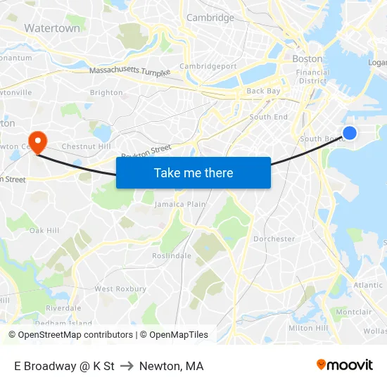 E Broadway @ K St to Newton, MA map