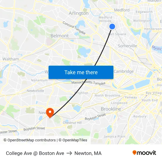 College Ave @ Boston Ave to Newton, MA map