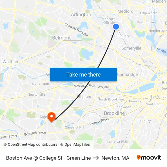 Boston Ave @ College St - Green Line to Newton, MA map