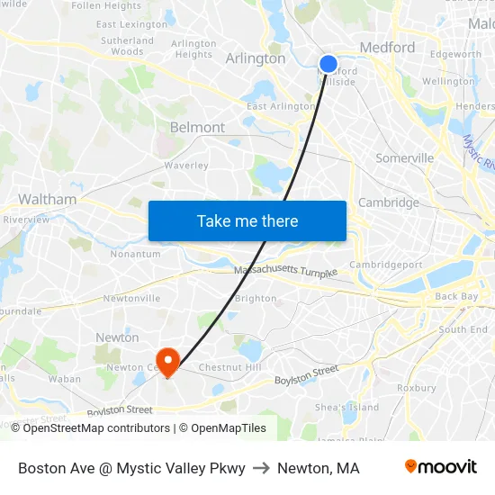 Boston Ave @ Mystic Valley Pkwy to Newton, MA map