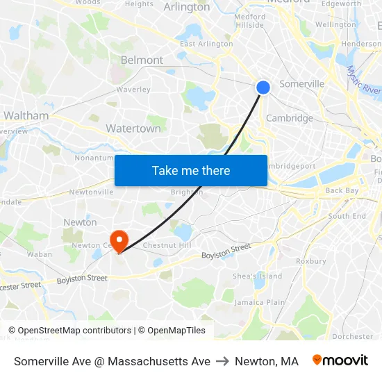 Somerville Ave @ Massachusetts Ave to Newton, MA map