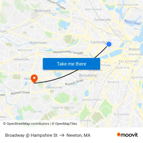 Broadway @ Hampshire St to Newton, MA map
