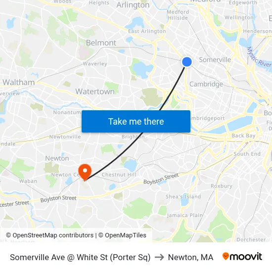 Somerville Ave @ White St (Porter Sq) to Newton, MA map