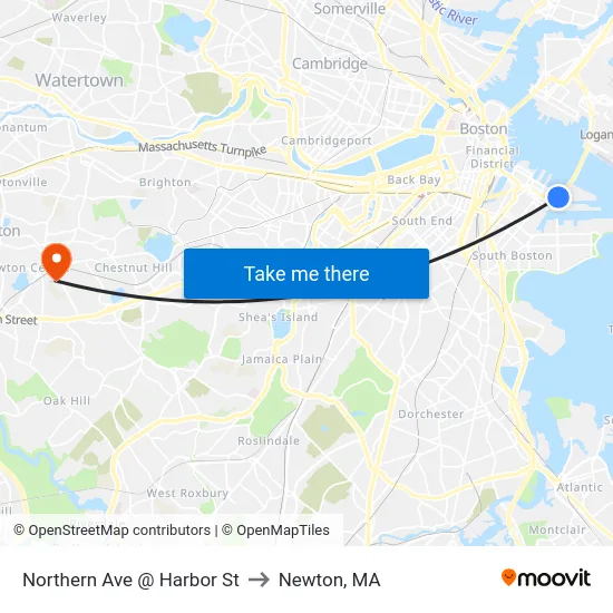 Northern Ave @ Harbor St to Newton, MA map