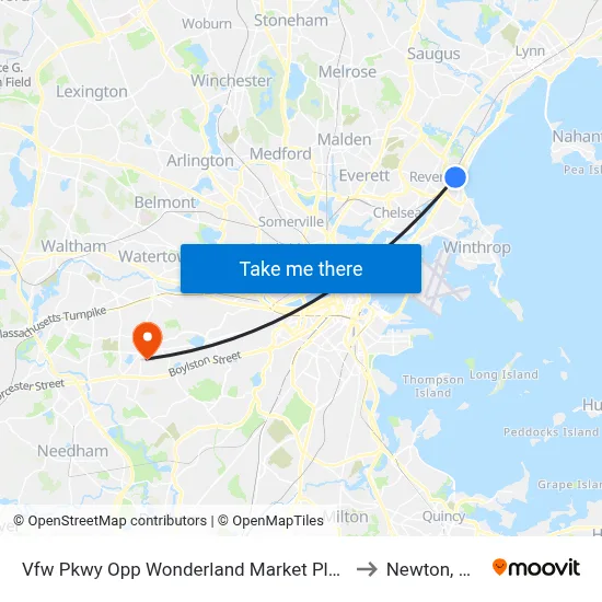 Vfw Pkwy Opp Wonderland Market Place to Newton, MA map