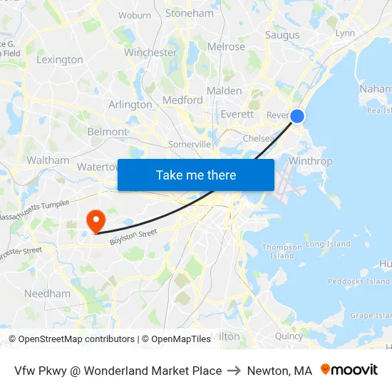 Vfw Pkwy @ Wonderland Market Place to Newton, MA map