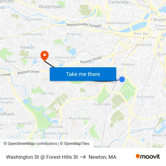 Washington St @ Forest Hills St to Newton, MA map