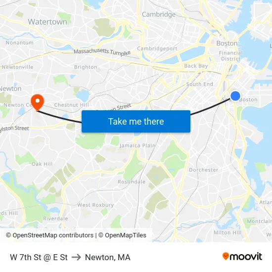 W 7th St @ E St to Newton, MA map