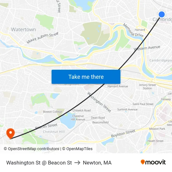 Washington St @ Beacon St to Newton, MA map