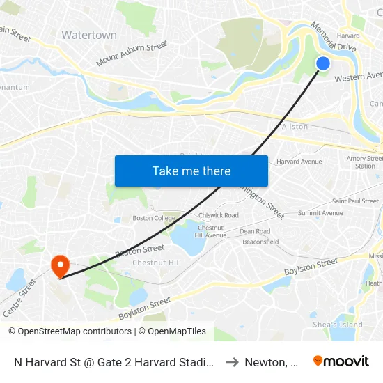 N Harvard St @ Gate 2 Harvard Stadium to Newton, MA map
