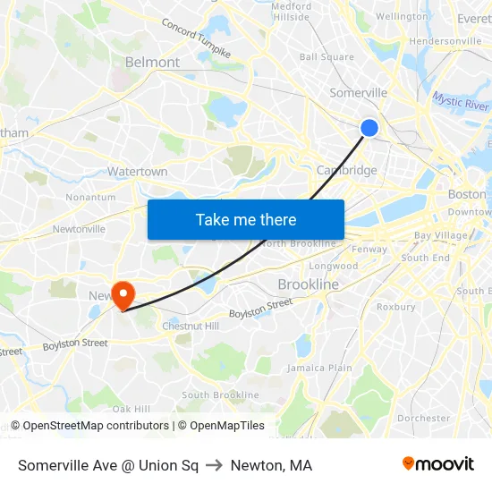 Somerville Ave @ Union Sq to Newton, MA map
