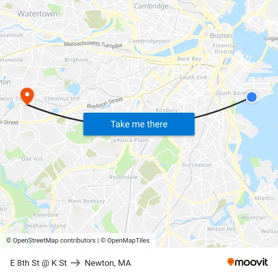 E 8th St @ K St to Newton, MA map