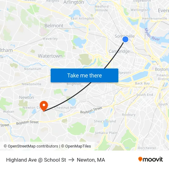 Highland Ave @ School St to Newton, MA map