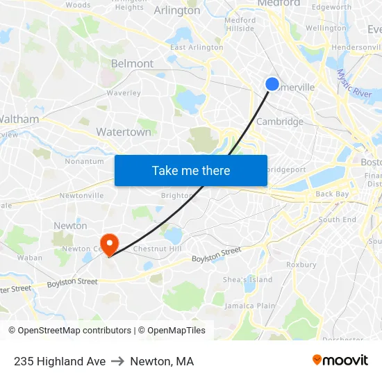 235 Highland Ave to Newton, MA map