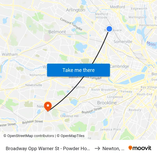 Broadway Opp Warner St - Powder House Sq to Newton, MA map