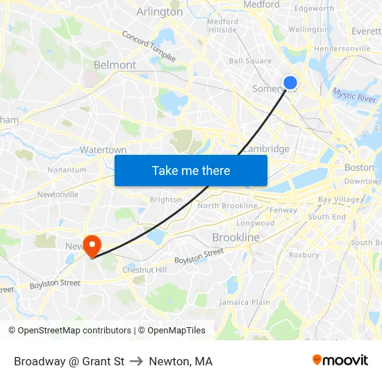 Broadway @ Grant St to Newton, MA map