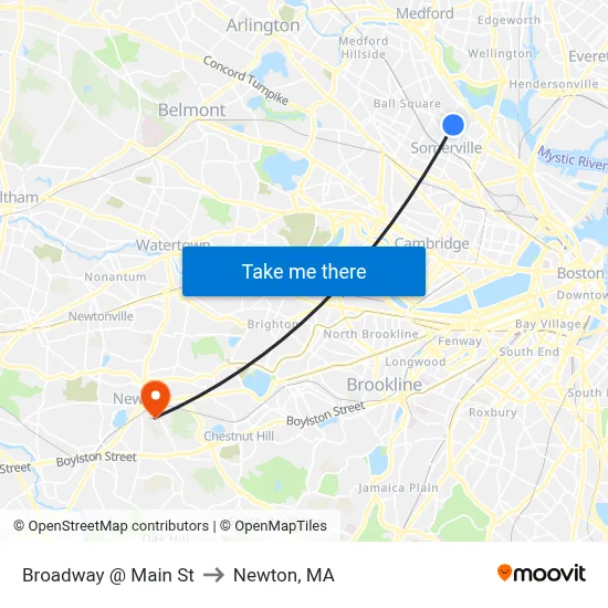 Broadway @ Main St to Newton, MA map