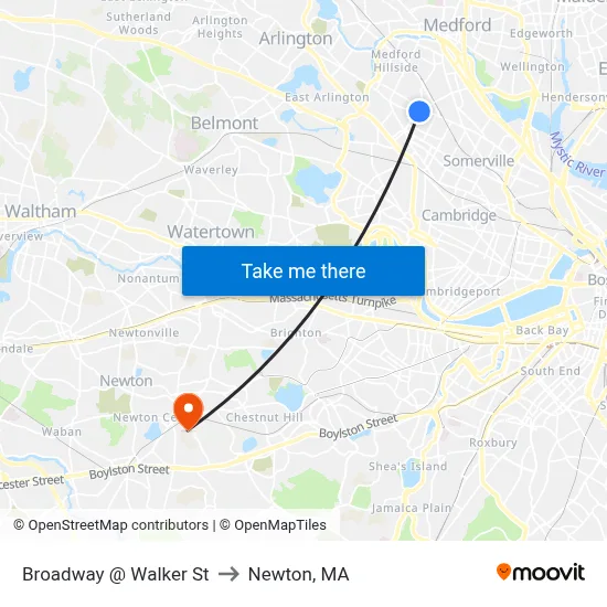 Broadway @ Walker St to Newton, MA map