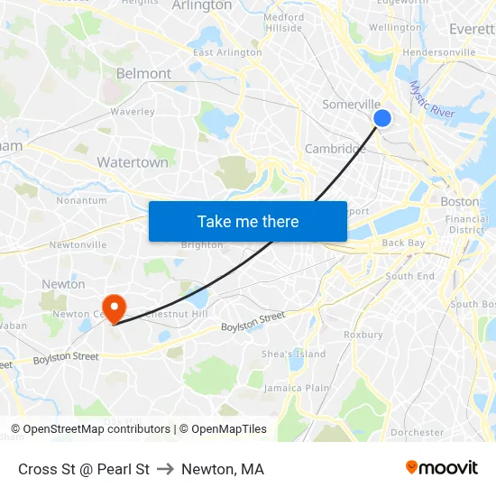 Cross St @ Pearl St to Newton, MA map
