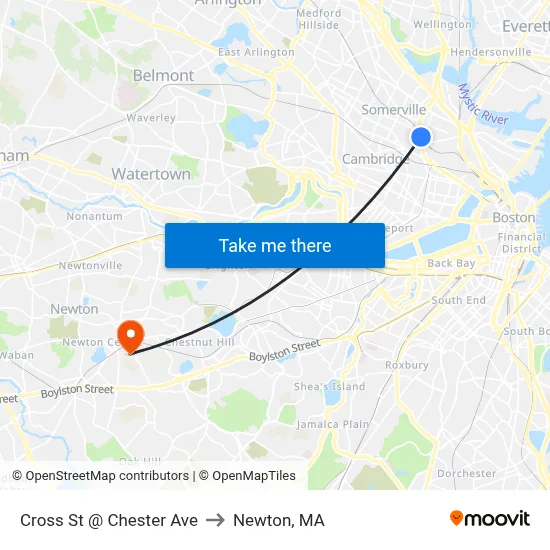 Cross St @ Chester Ave to Newton, MA map