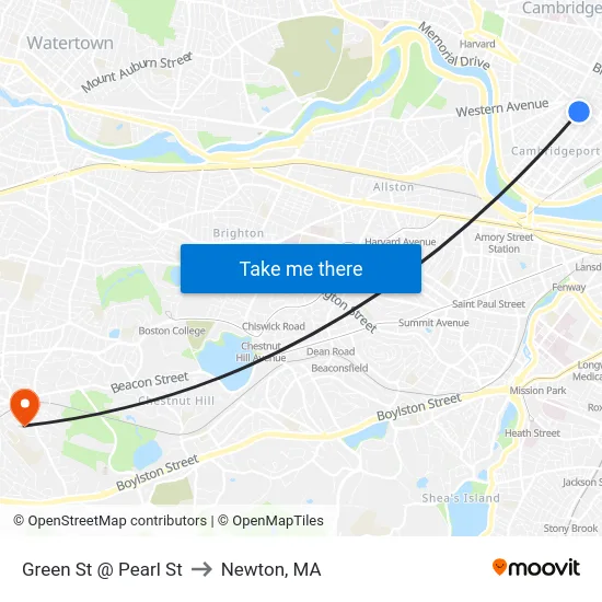 Green St @ Pearl St to Newton, MA map