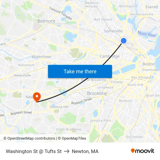 Washington St @ Tufts St to Newton, MA map