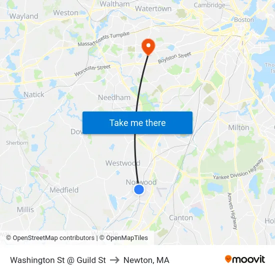 Washington St @ Guild St to Newton, MA map