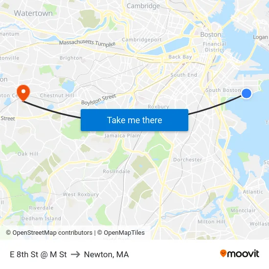 E 8th St @ M St to Newton, MA map