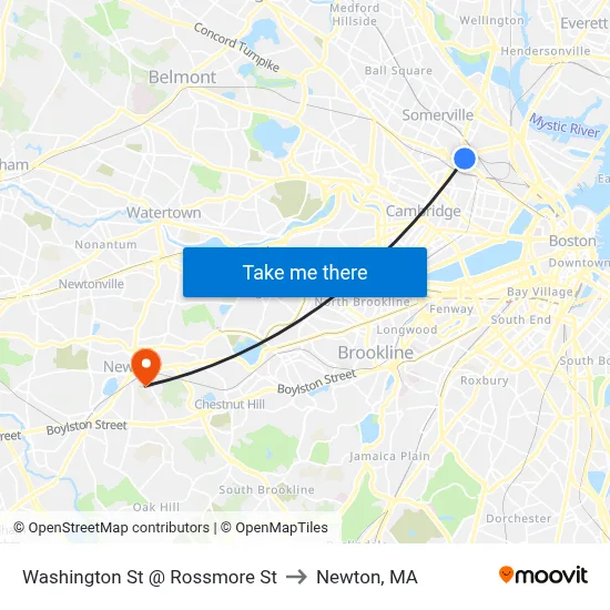 Washington St @ Rossmore St to Newton, MA map