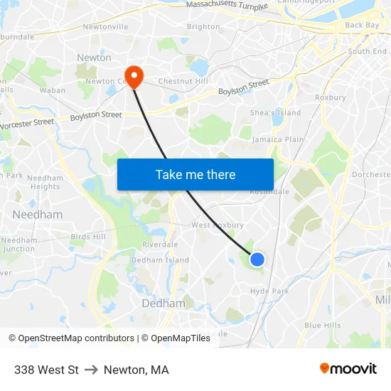 338 West St to Newton, MA map