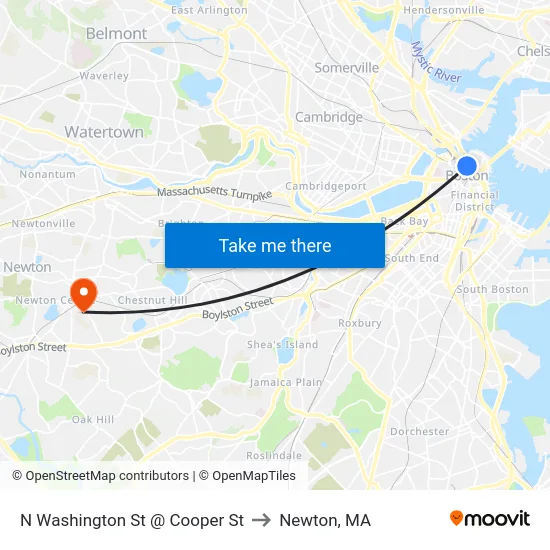 N Washington St @ Cooper St to Newton, MA map