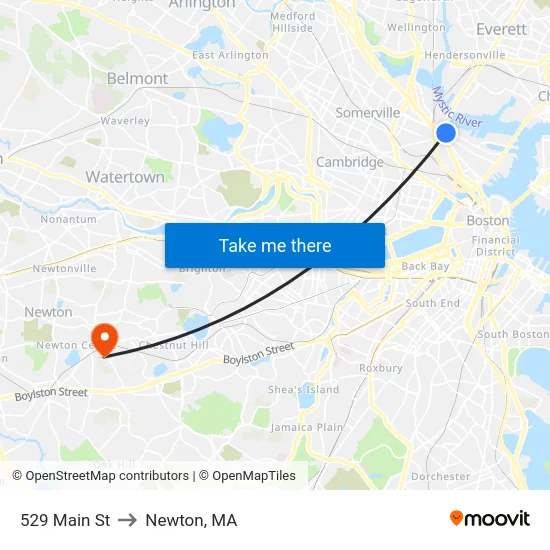 529 Main St to Newton, MA map