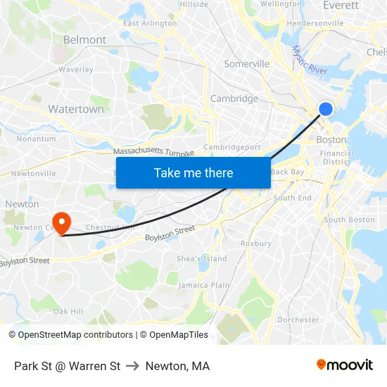 Park St @ Warren St to Newton, MA map