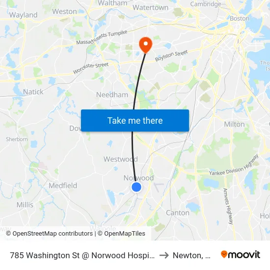 785 Washington St @ Norwood Hospital to Newton, MA map