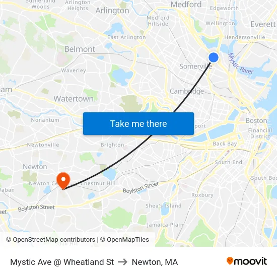 Mystic Ave @ Wheatland St to Newton, MA map