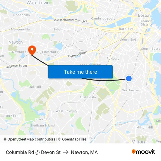 Columbia Rd @ Devon St to Newton, MA map
