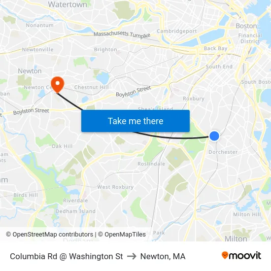 Columbia Rd @ Washington St to Newton, MA map