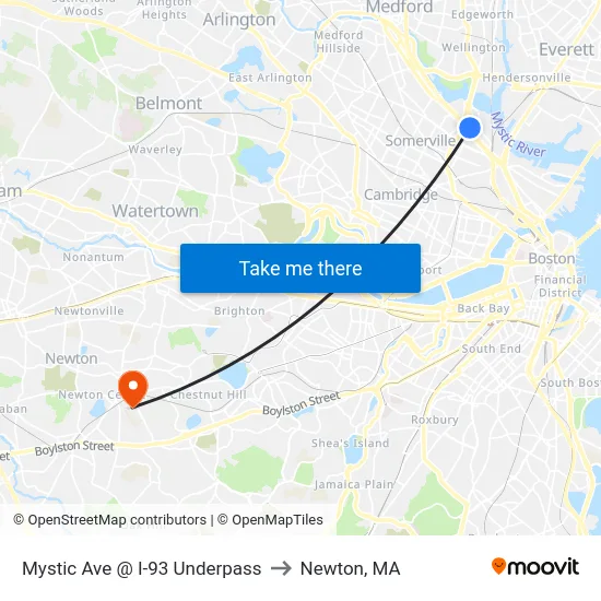 Mystic Ave @ I-93 Underpass to Newton, MA map