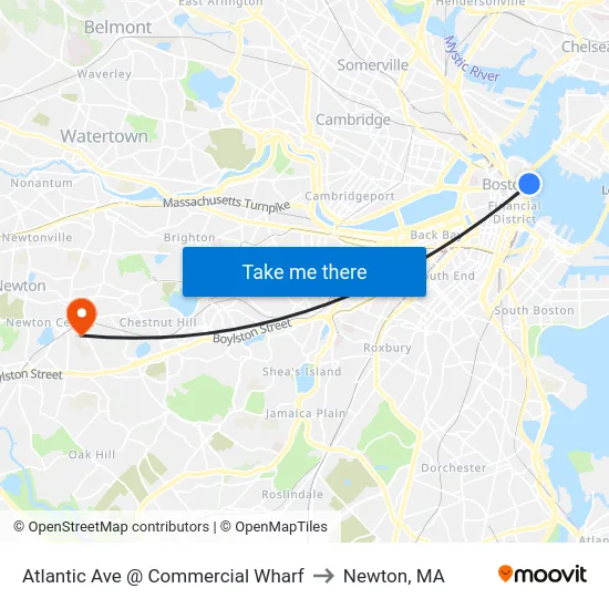 Atlantic Ave @ Commercial Wharf to Newton, MA map