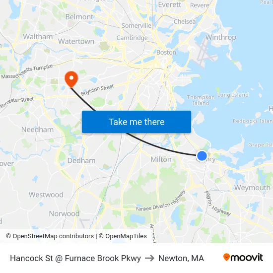Hancock St @ Furnace Brook Pkwy to Newton, MA map