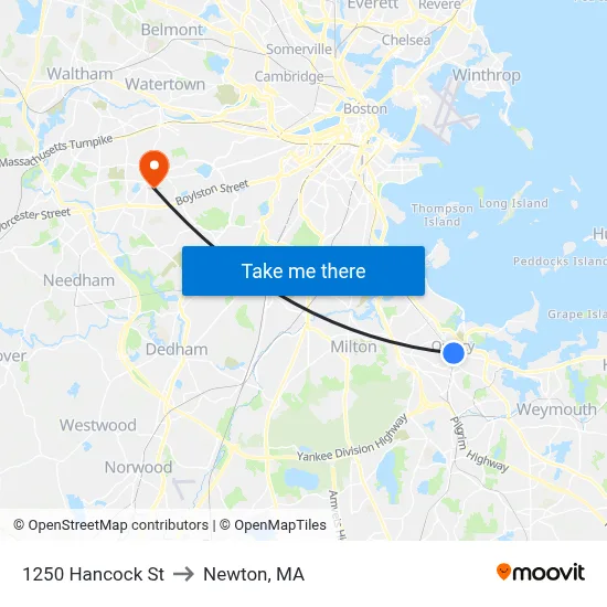 1250 Hancock St to Newton, MA map