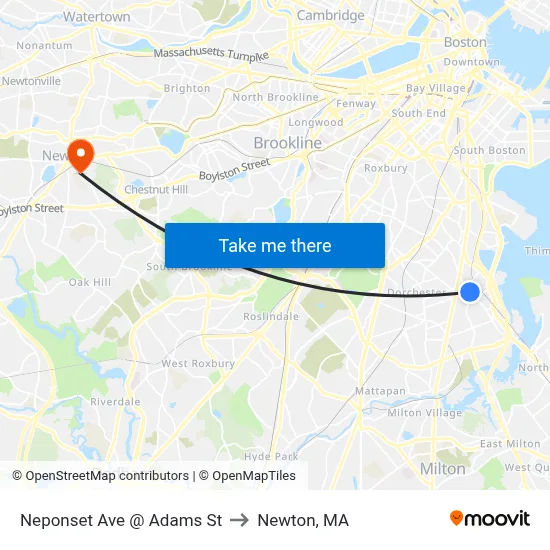 Neponset Ave @ Adams St to Newton, MA map
