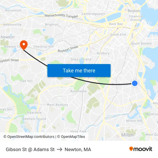 Gibson St @ Adams St to Newton, MA map