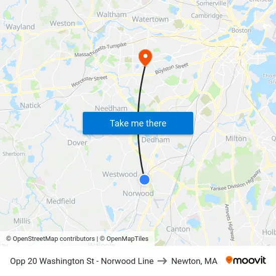 Opp 20 Washington St - Norwood Line to Newton, MA map